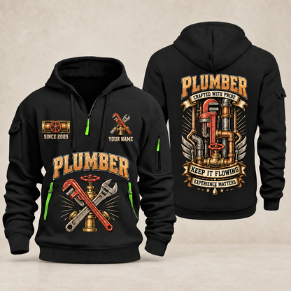 Plumber Keep It Flowing quarter-zip hoodie in Black, front and back, YOUR NAME and SINCE 2005 artwork