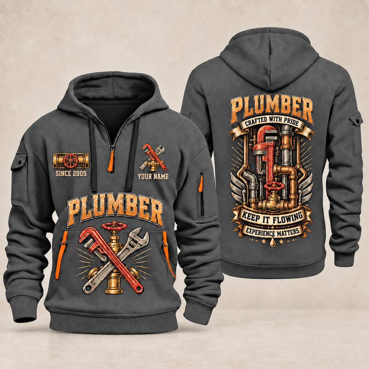 Plumber Keep It Flowing quarter-zip hoodie in Gray, front and back, YOUR NAME and SINCE 2005 artwork