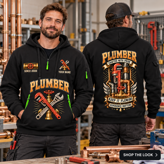 Plumber wearing Keep It Flowing quarter-zip hoodie in their workplace; product introduction and shopping call to action