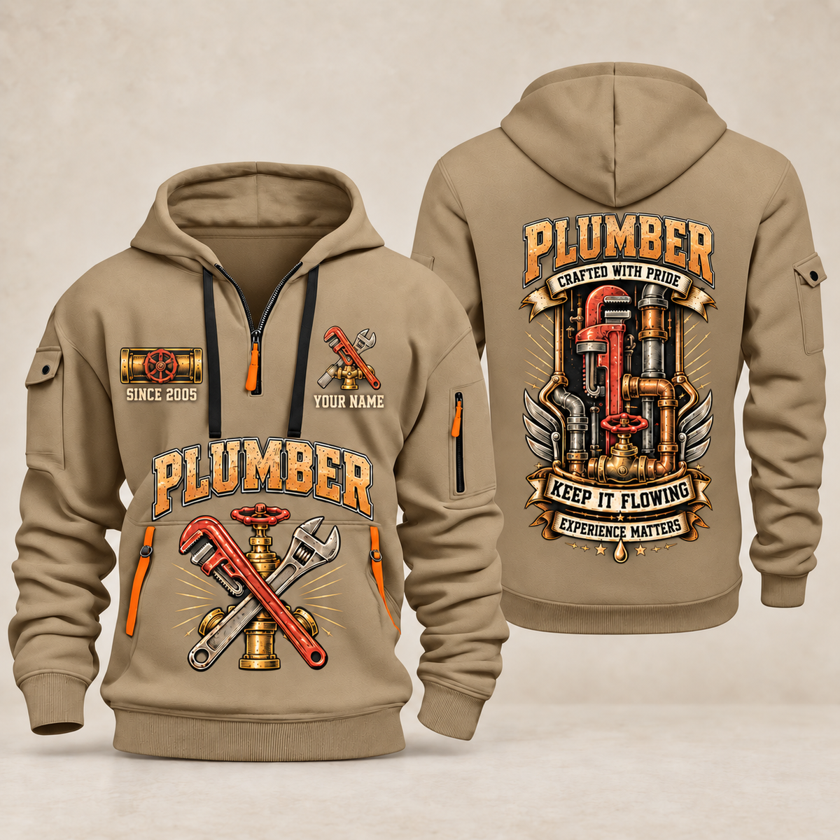 Plumber Keep It Flowing quarter-zip hoodie in Khaki, front and back, YOUR NAME and SINCE 2005 artwork