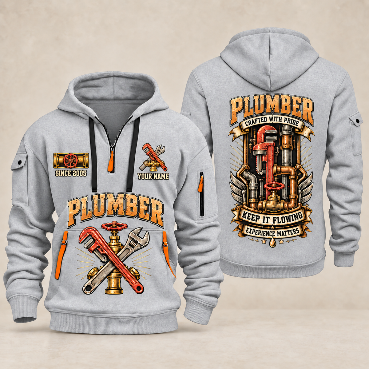Plumber Keep It Flowing quarter-zip hoodie in Light Grey, front and back, YOUR NAME and SINCE 2005 artwork