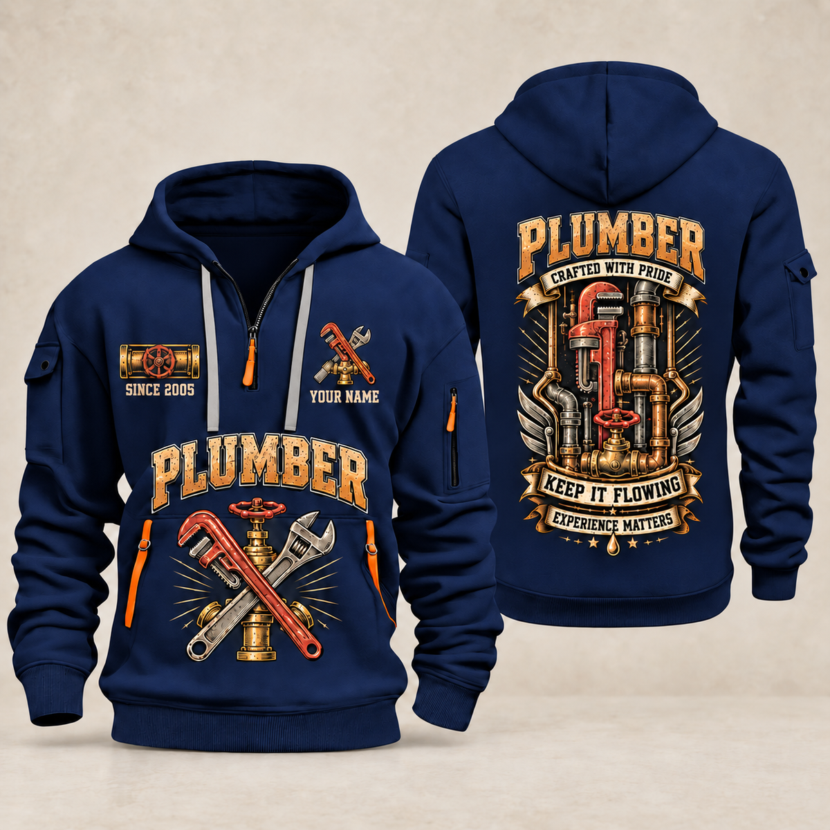 Plumber Keep It Flowing quarter-zip hoodie in Navy, front and back, YOUR NAME and SINCE 2005 artwork