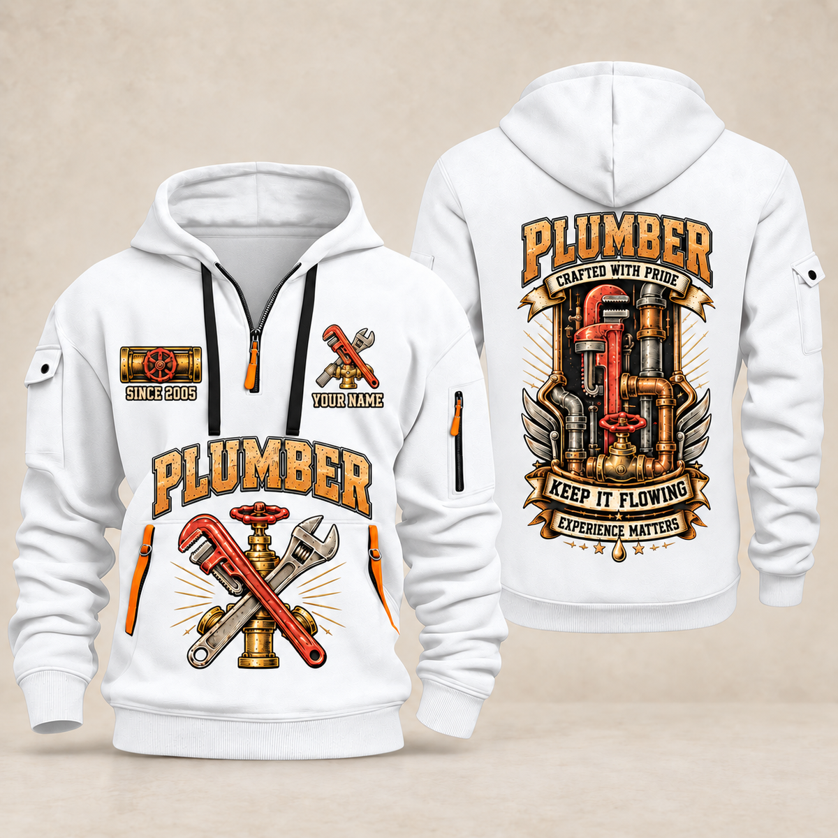Plumber Keep It Flowing quarter-zip hoodie in White, front and back, YOUR NAME and SINCE 2005 artwork