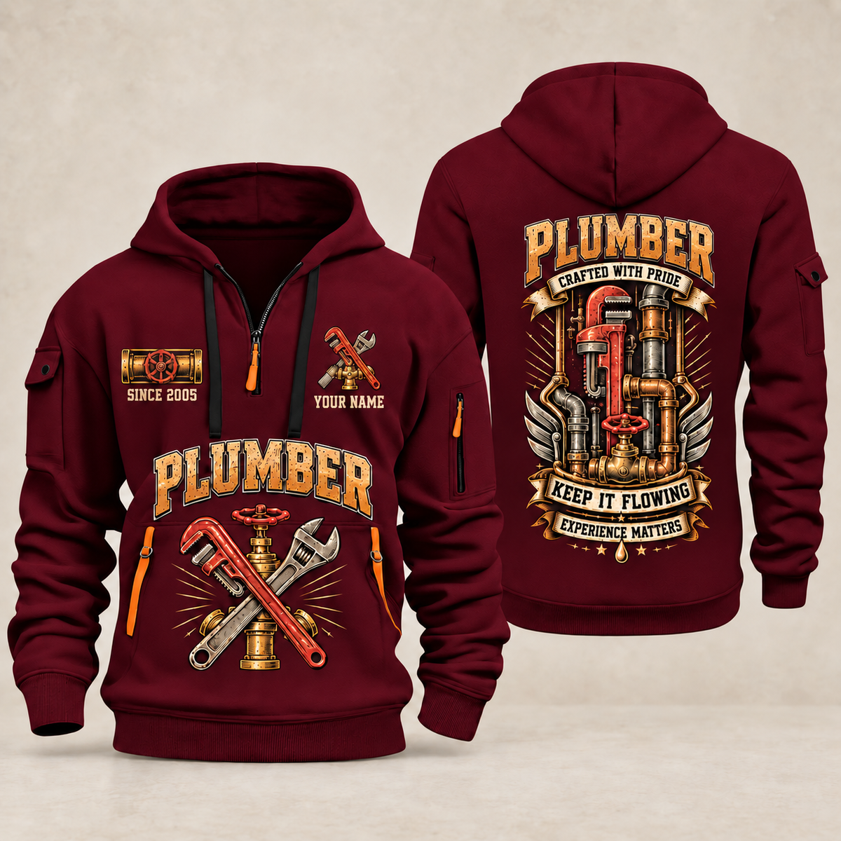 Plumber Keep It Flowing quarter-zip hoodie in Wine Red, front and back, YOUR NAME and SINCE 2005 artwork