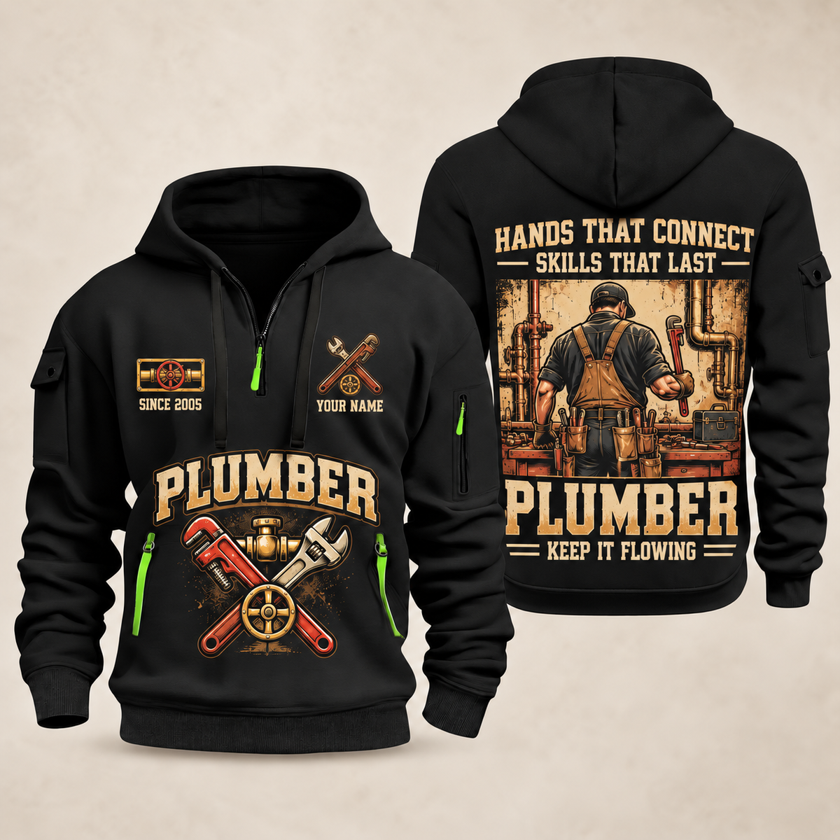 Plumber Hands That Connect quarter-zip hoodie in Black, front and back, YOUR NAME and SINCE 2005 artwork
