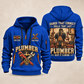 Plumber Hands That Connect quarter-zip hoodie in Blue, front and back, YOUR NAME and SINCE 2005 artwork