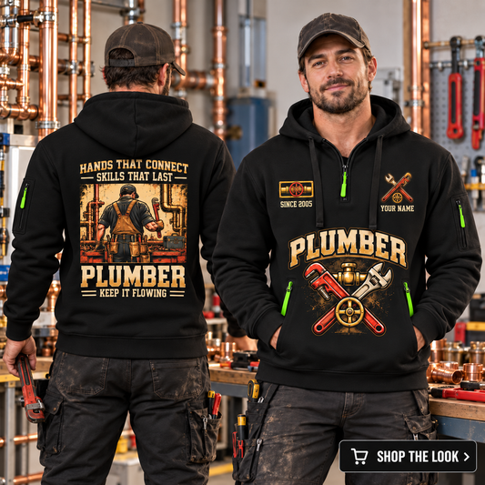 Plumber wearing Hands That Connect quarter-zip hoodie in their workplace; product introduction and shopping call to action