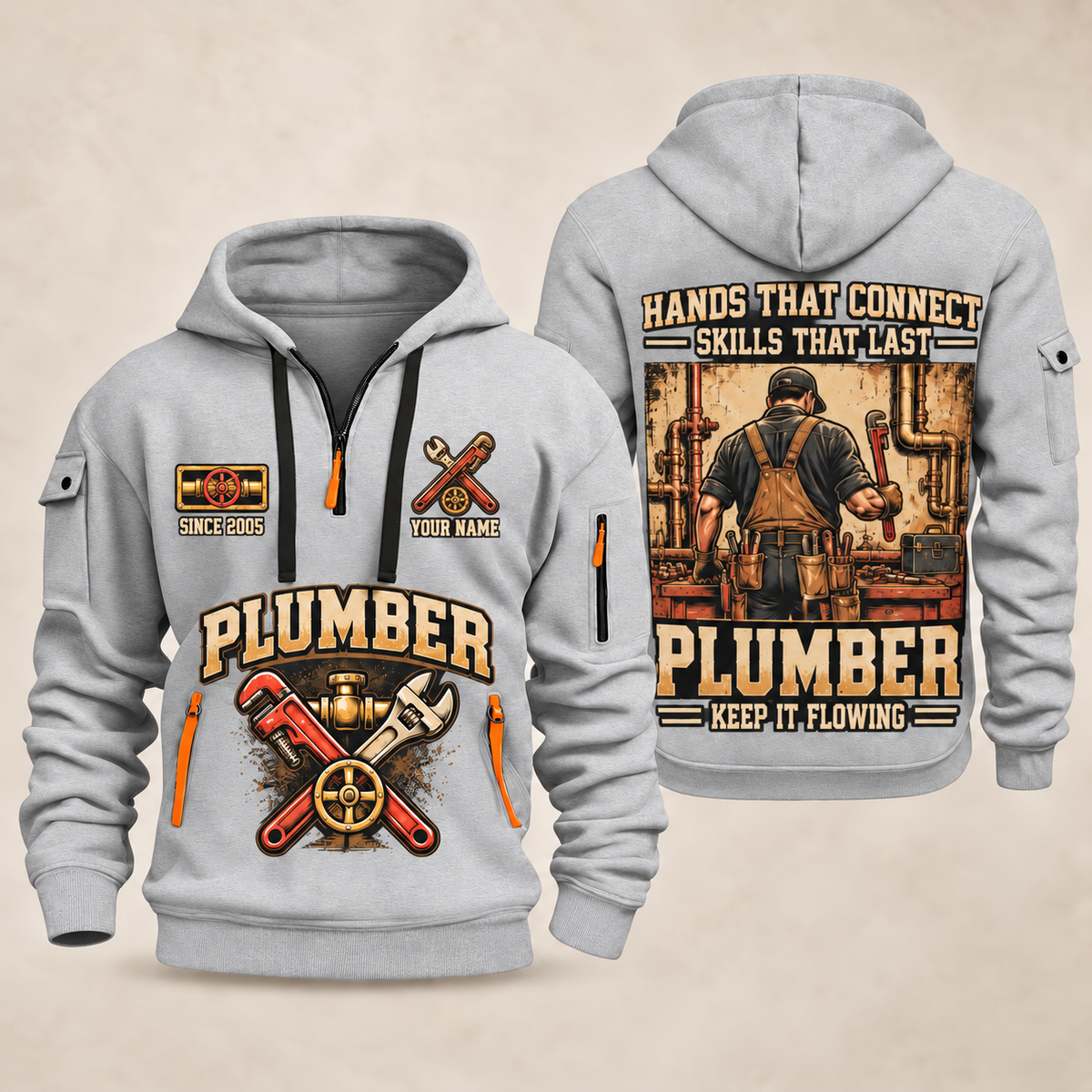 Plumber Hands That Connect quarter-zip hoodie in Light Grey, front and back, YOUR NAME and SINCE 2005 artwork
