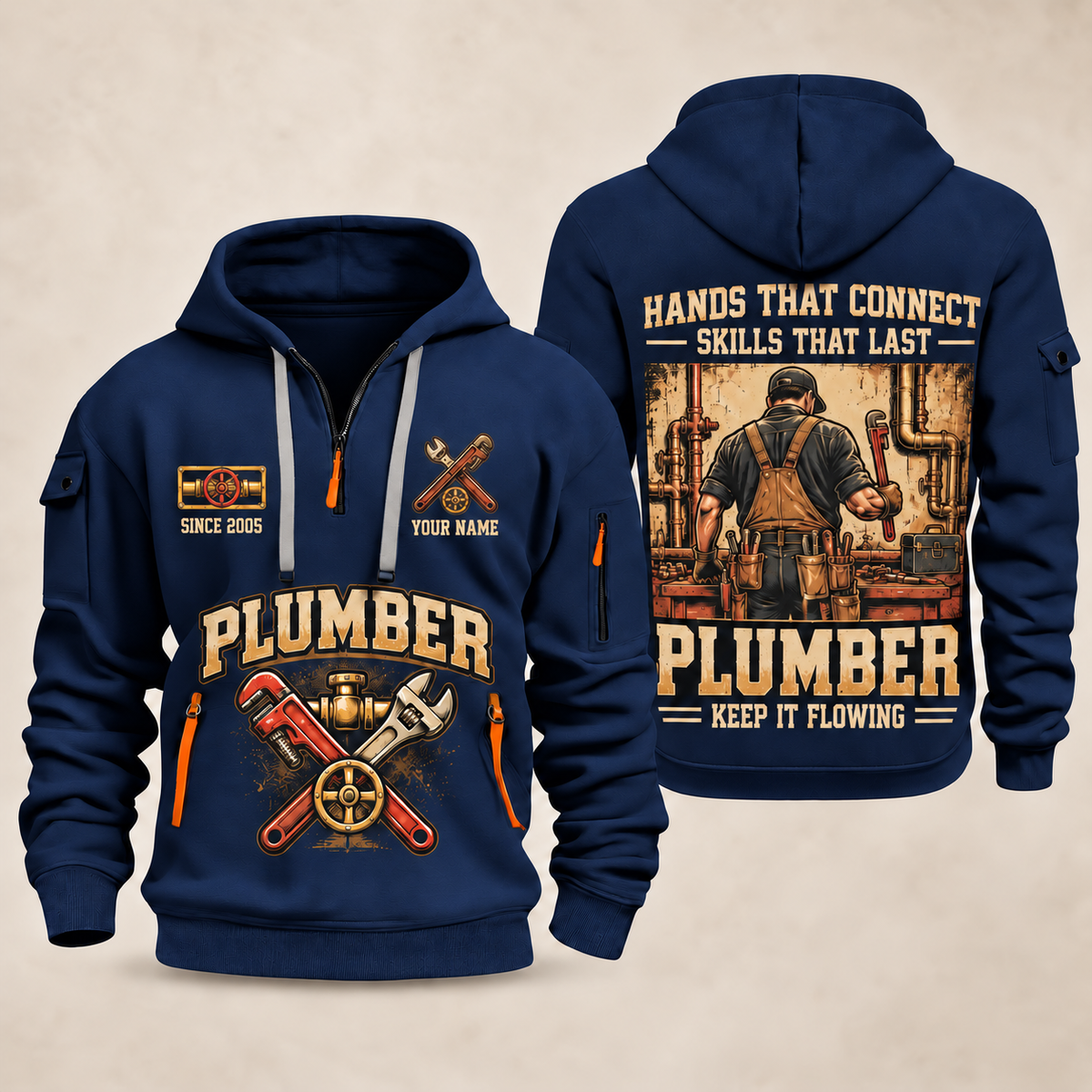 Plumber Hands That Connect quarter-zip hoodie in Navy, front and back, YOUR NAME and SINCE 2005 artwork