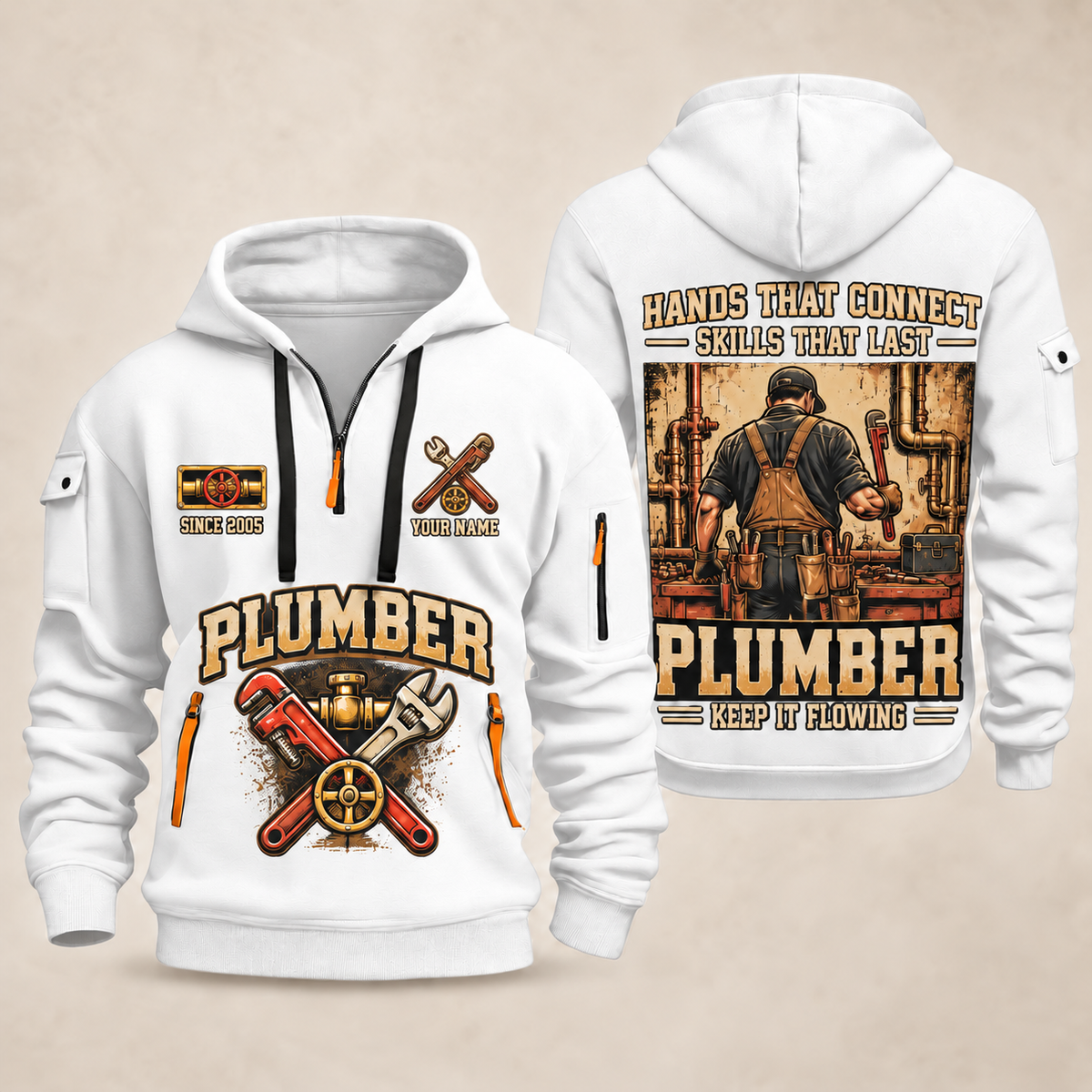 Plumber Hands That Connect quarter-zip hoodie in White, front and back, YOUR NAME and SINCE 2005 artwork