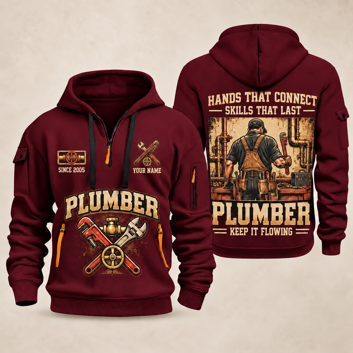 Plumber Hands That Connect quarter-zip hoodie in Wine Red, front and back, YOUR NAME and SINCE 2005 artwork