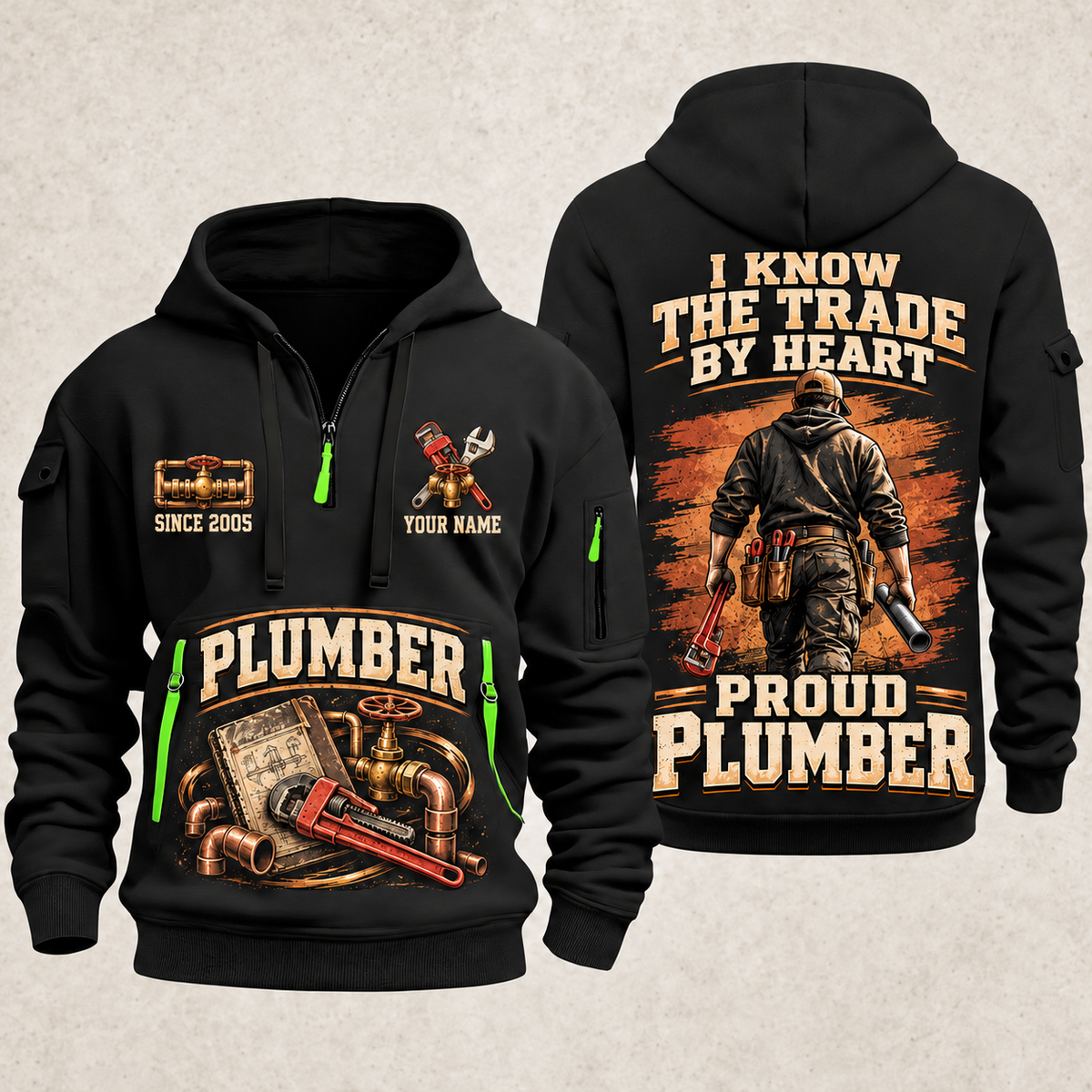 Plumber Walk The Workshop quarter-zip hoodie in Black, front and back, YOUR NAME and SINCE 2005 artwork