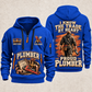 Plumber Walk The Workshop quarter-zip hoodie in Blue, front and back, YOUR NAME and SINCE 2005 artwork