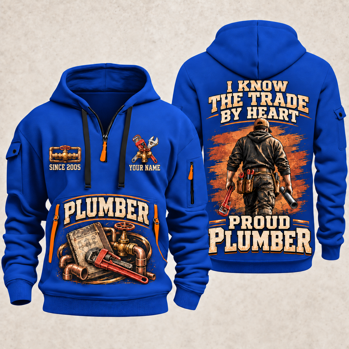 Plumber Walk The Workshop quarter-zip hoodie in Blue, front and back, YOUR NAME and SINCE 2005 artwork