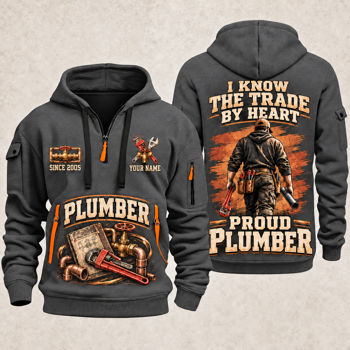 Plumber Walk The Workshop quarter-zip hoodie in Gray, front and back, YOUR NAME and SINCE 2005 artwork