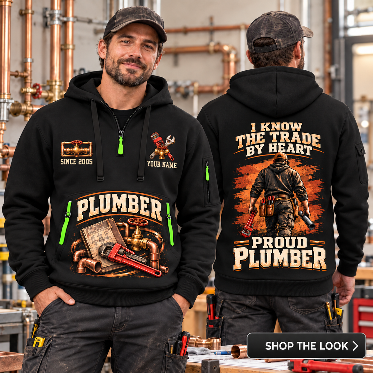 Plumber wearing Walk The Workshop quarter-zip hoodie in their workplace; product introduction and shopping call to action