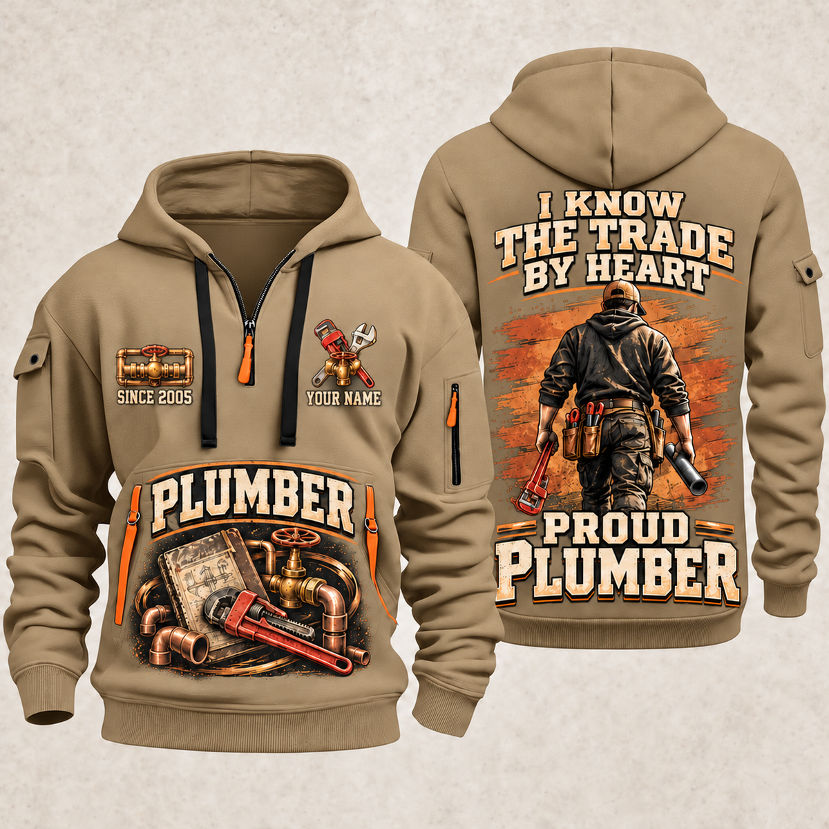 Plumber Walk The Workshop quarter-zip hoodie in Khaki, front and back, YOUR NAME and SINCE 2005 artwork