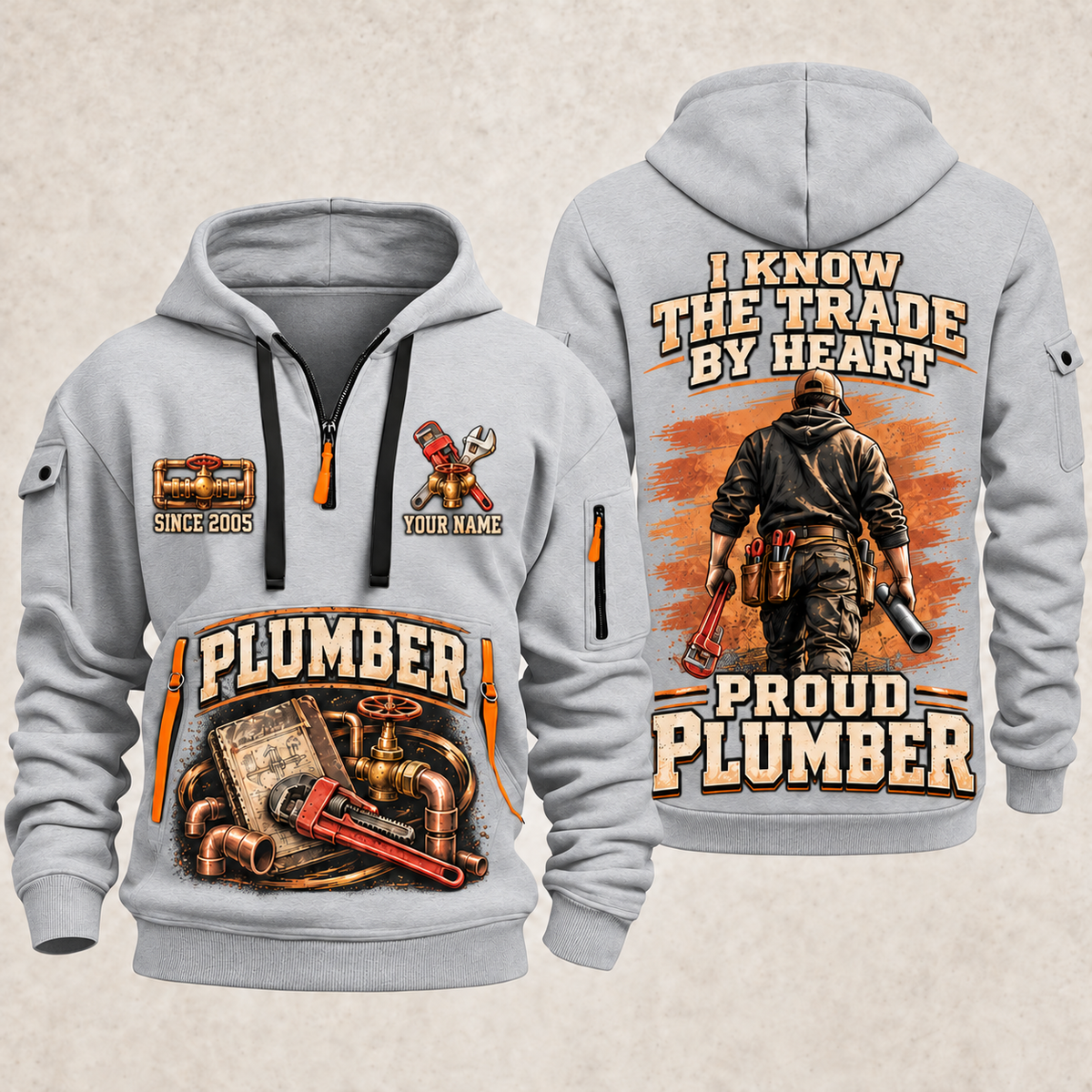 Plumber Walk The Workshop quarter-zip hoodie in Light Grey, front and back, YOUR NAME and SINCE 2005 artwork