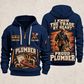 Plumber Walk The Workshop quarter-zip hoodie in Navy, front and back, YOUR NAME and SINCE 2005 artwork