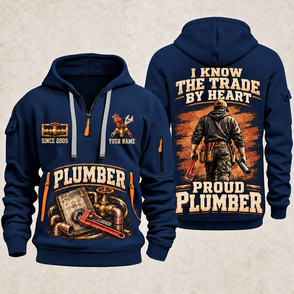 Plumber Walk The Workshop quarter-zip hoodie in Navy, front and back, YOUR NAME and SINCE 2005 artwork
