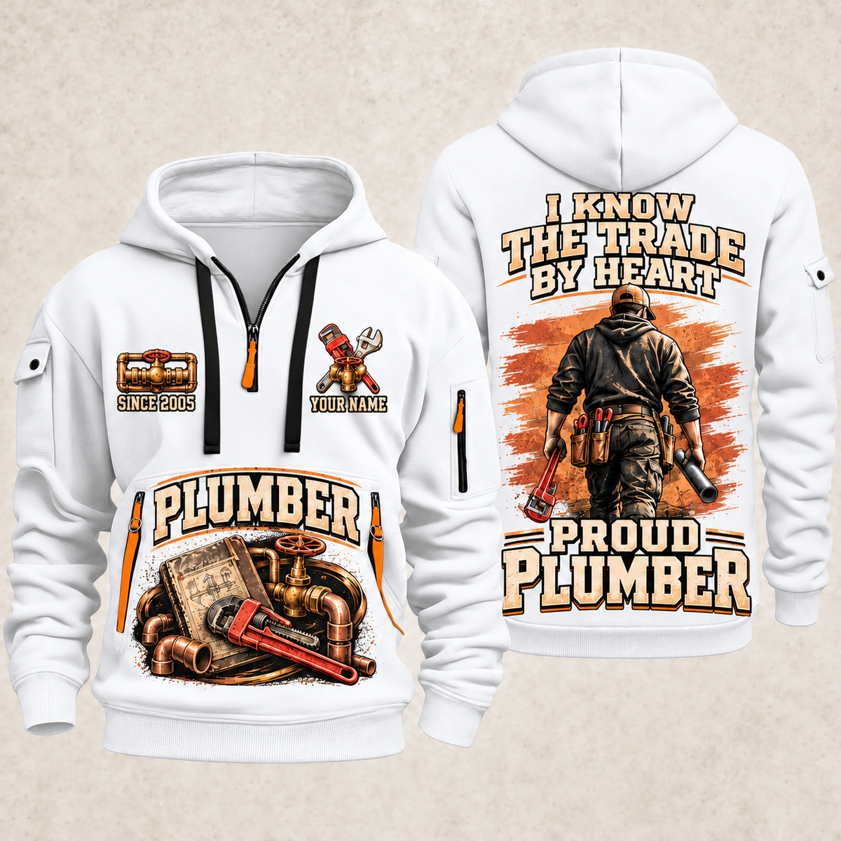 Plumber Walk The Workshop quarter-zip hoodie in White, front and back, YOUR NAME and SINCE 2005 artwork