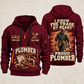 Plumber Walk The Workshop quarter-zip hoodie in Wine Red, front and back, YOUR NAME and SINCE 2005 artwork