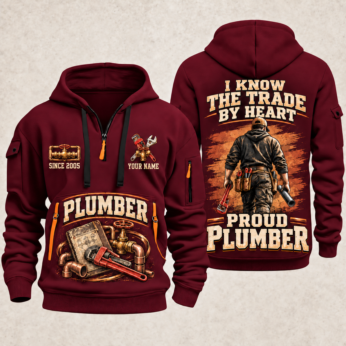 Plumber Walk The Workshop quarter-zip hoodie in Wine Red, front and back, YOUR NAME and SINCE 2005 artwork