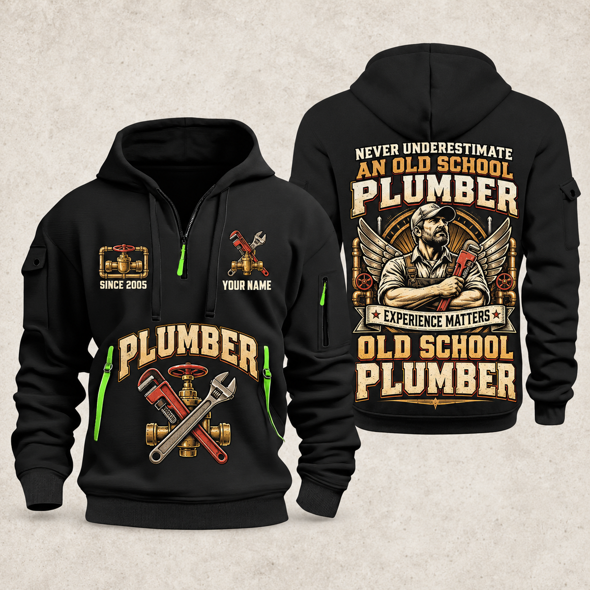 Plumber Old School Plumber quarter-zip hoodie in Black, front and back, YOUR NAME and SINCE 2005 artwork