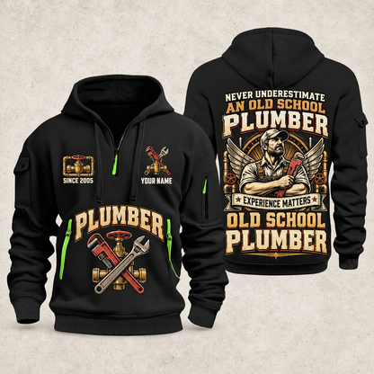 Plumber Old School Plumber quarter-zip hoodie in Black, front and back, YOUR NAME and SINCE 2005 artwork