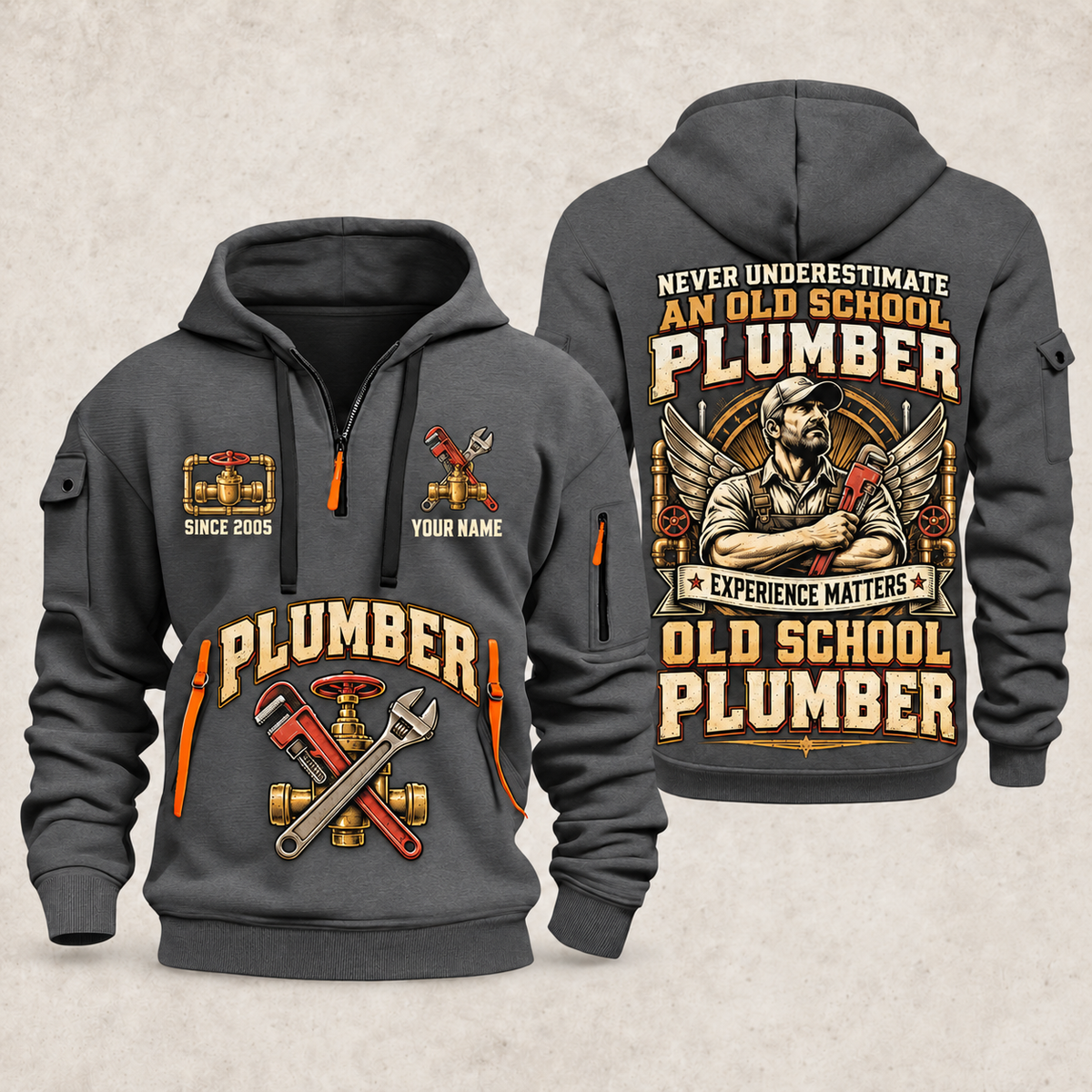 Plumber Old School Plumber quarter-zip hoodie in Gray, front and back, YOUR NAME and SINCE 2005 artwork