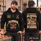 Plumber wearing Old School Plumber quarter-zip hoodie in their workplace; product introduction and shopping call to action
