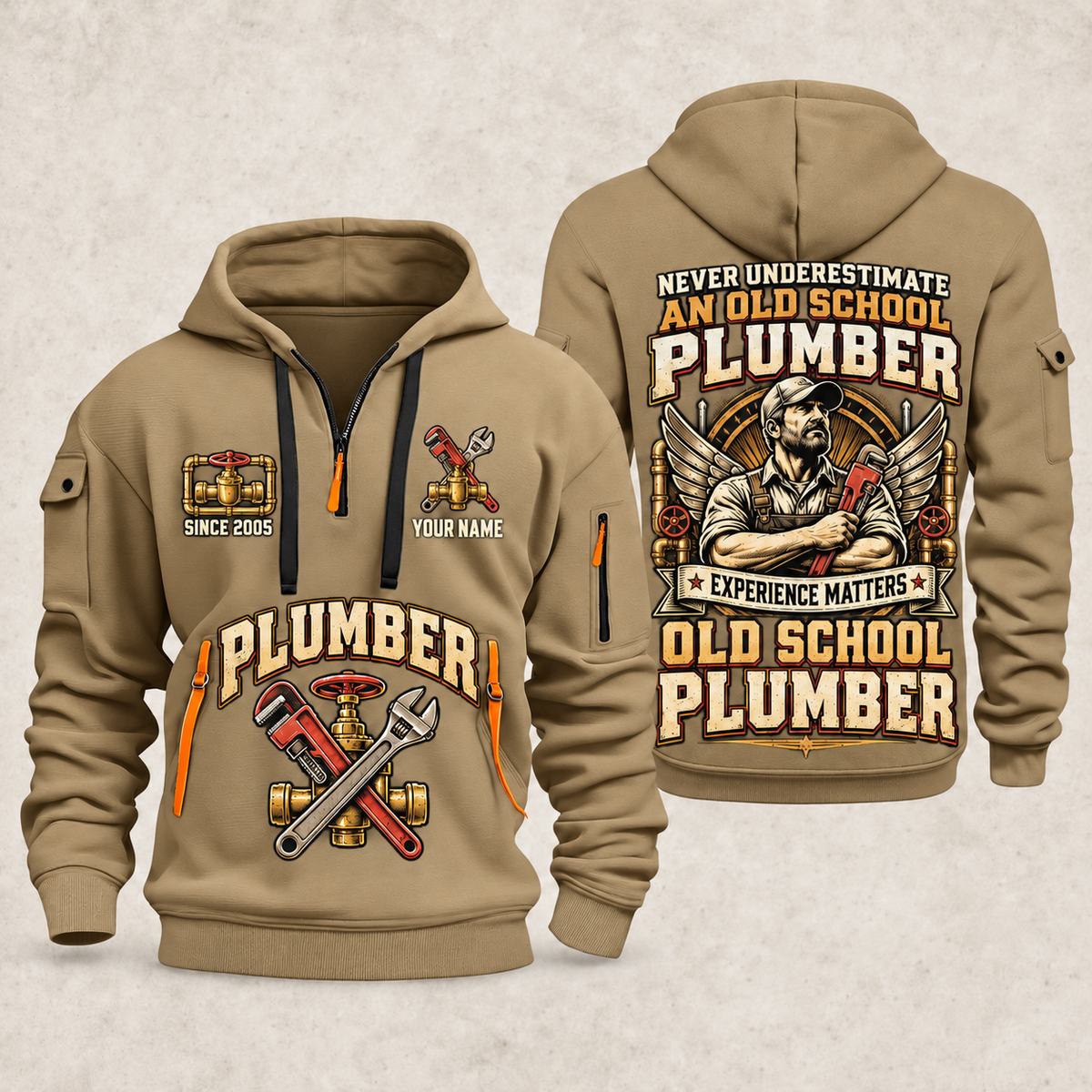 Plumber Old School Plumber quarter-zip hoodie in Khaki, front and back, YOUR NAME and SINCE 2005 artwork