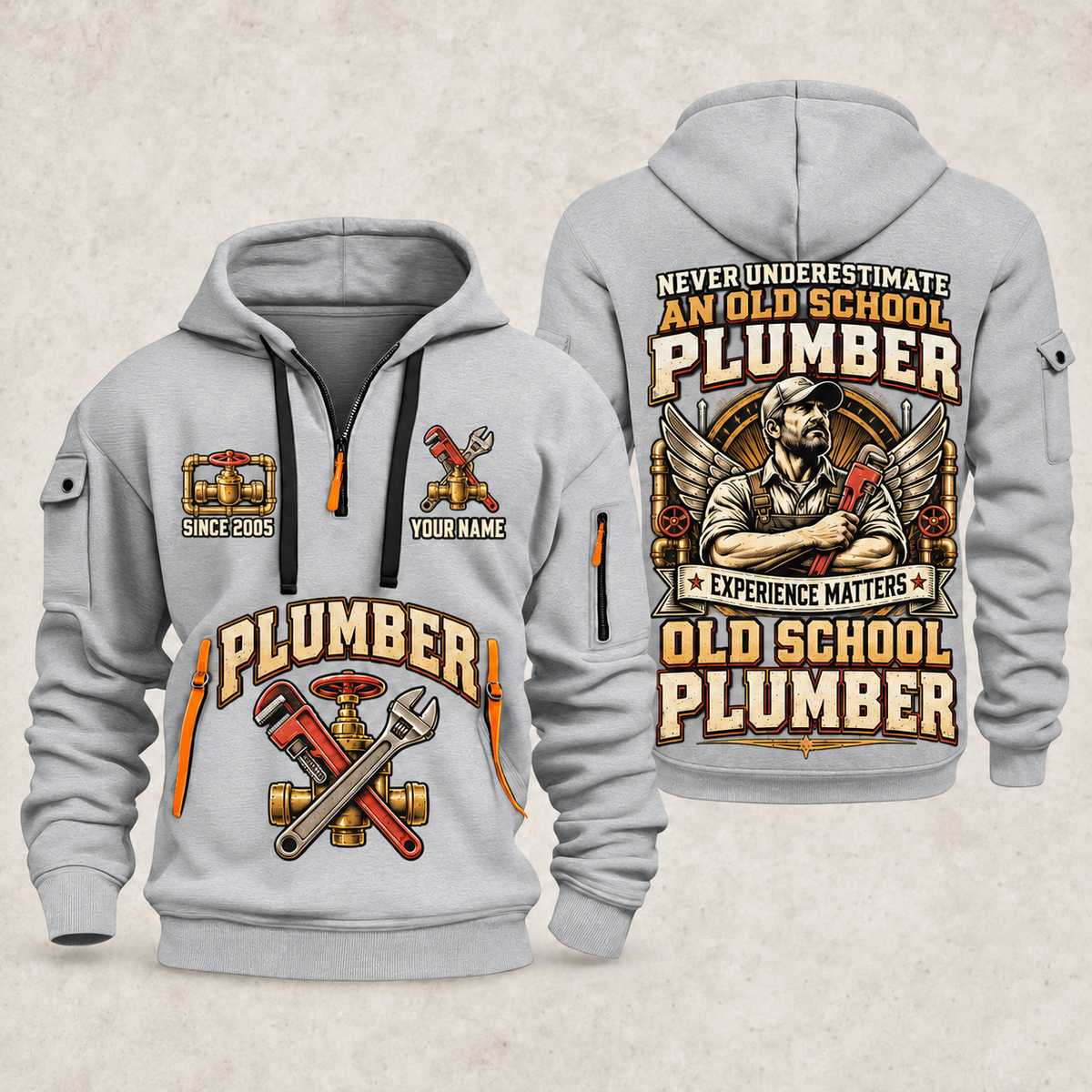 Plumber Old School Plumber quarter-zip hoodie in Light Grey, front and back, YOUR NAME and SINCE 2005 artwork
