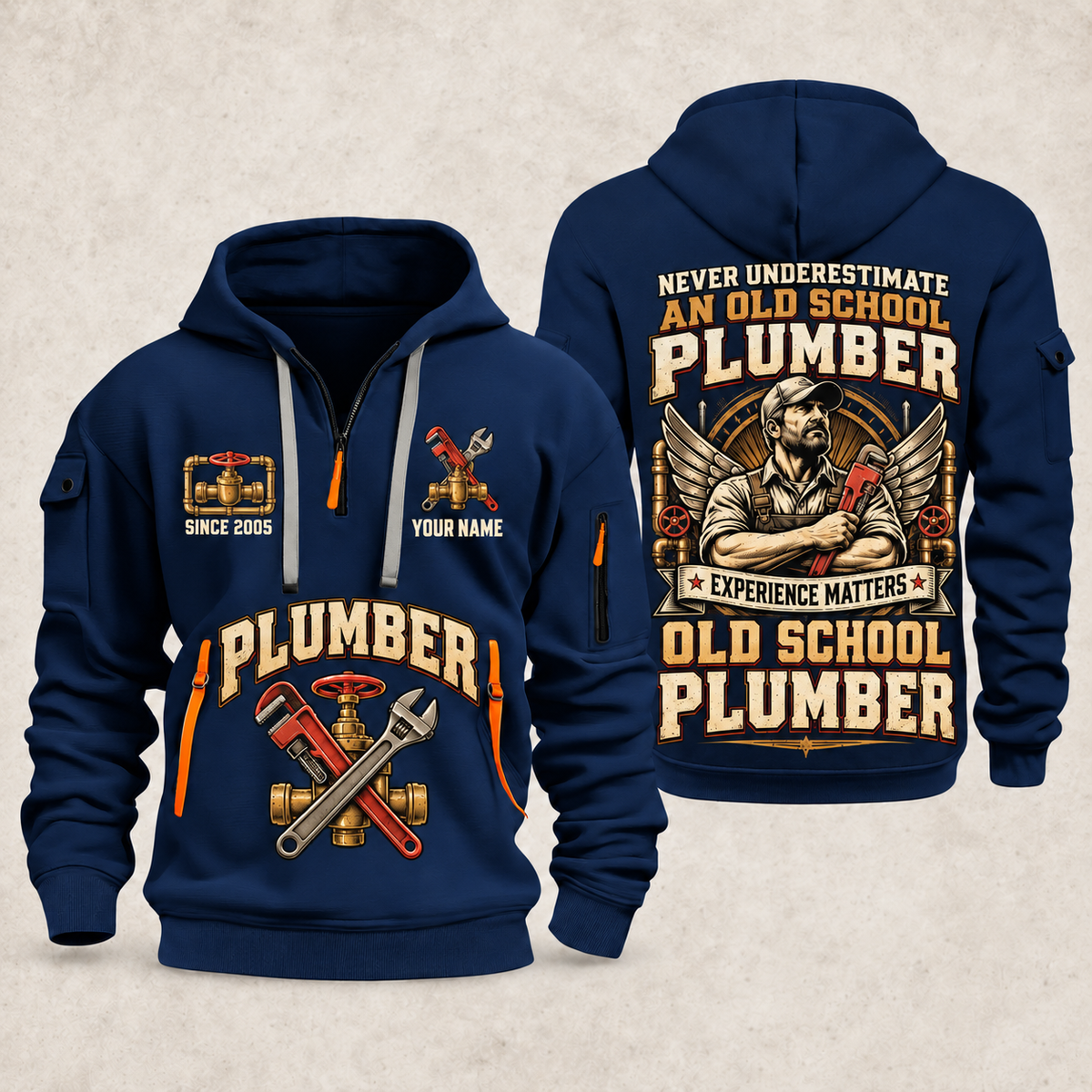 Plumber Old School Plumber quarter-zip hoodie in Navy, front and back, YOUR NAME and SINCE 2005 artwork