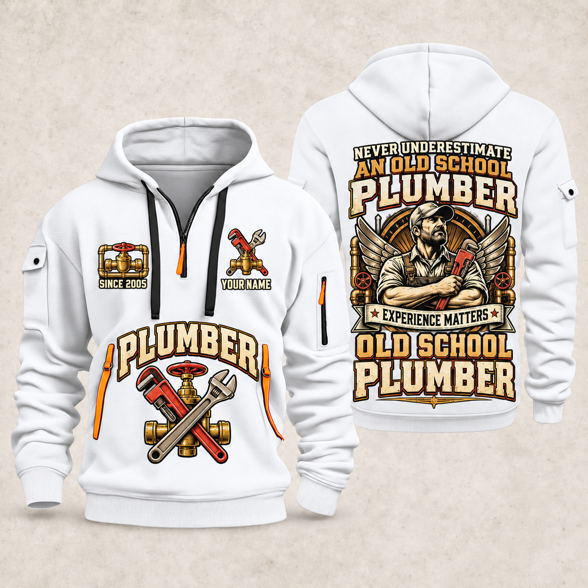 Plumber Old School Plumber quarter-zip hoodie in White, front and back, YOUR NAME and SINCE 2005 artwork