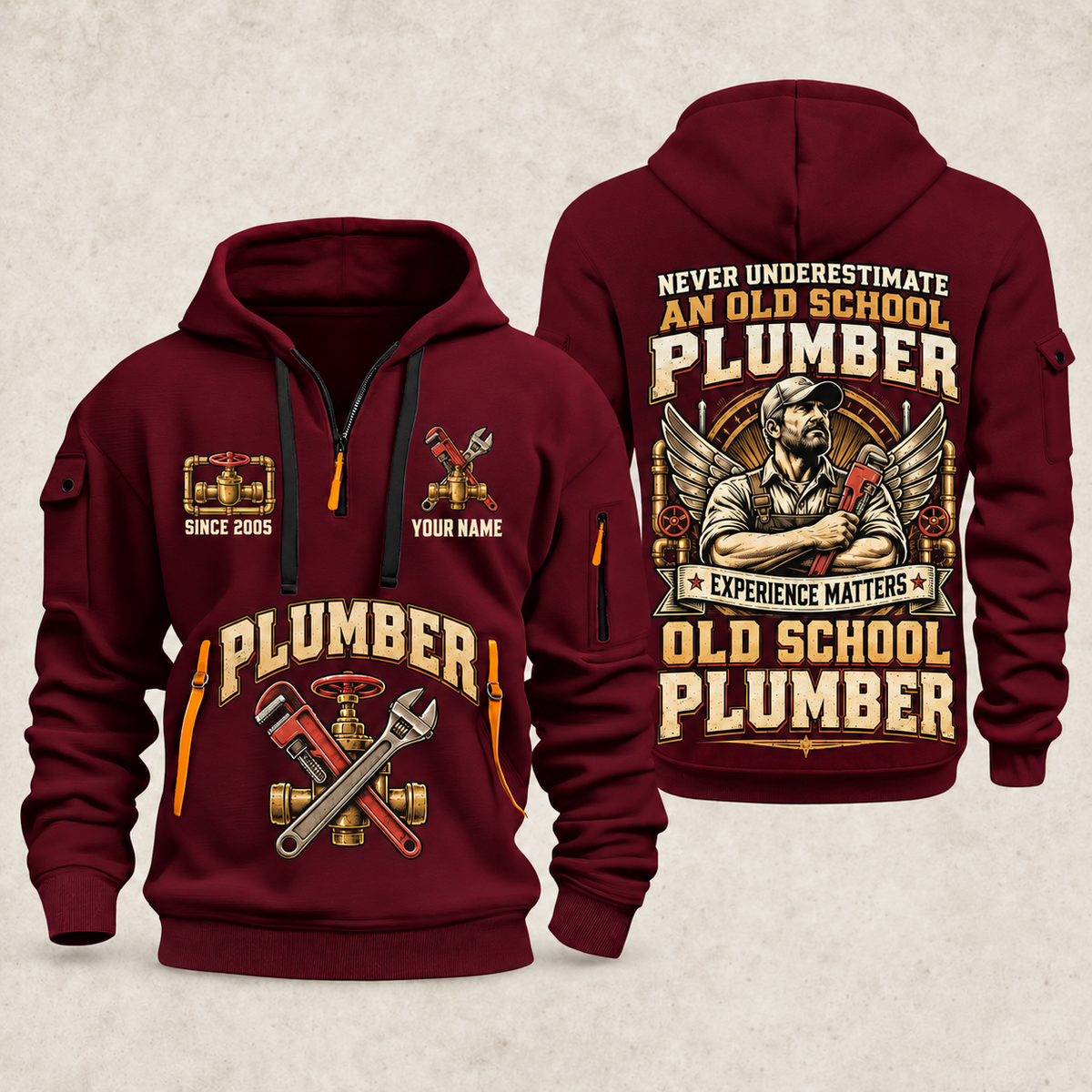 Plumber Old School Plumber quarter-zip hoodie in Wine Red, front and back, YOUR NAME and SINCE 2005 artwork