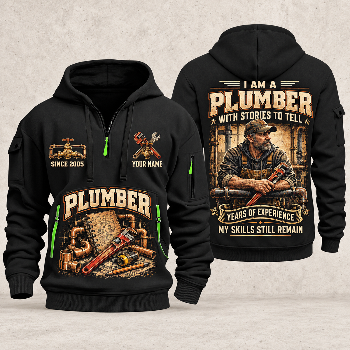Plumber Experience Stays quarter-zip hoodie in Black, front and back, YOUR NAME and SINCE 2005 artwork
