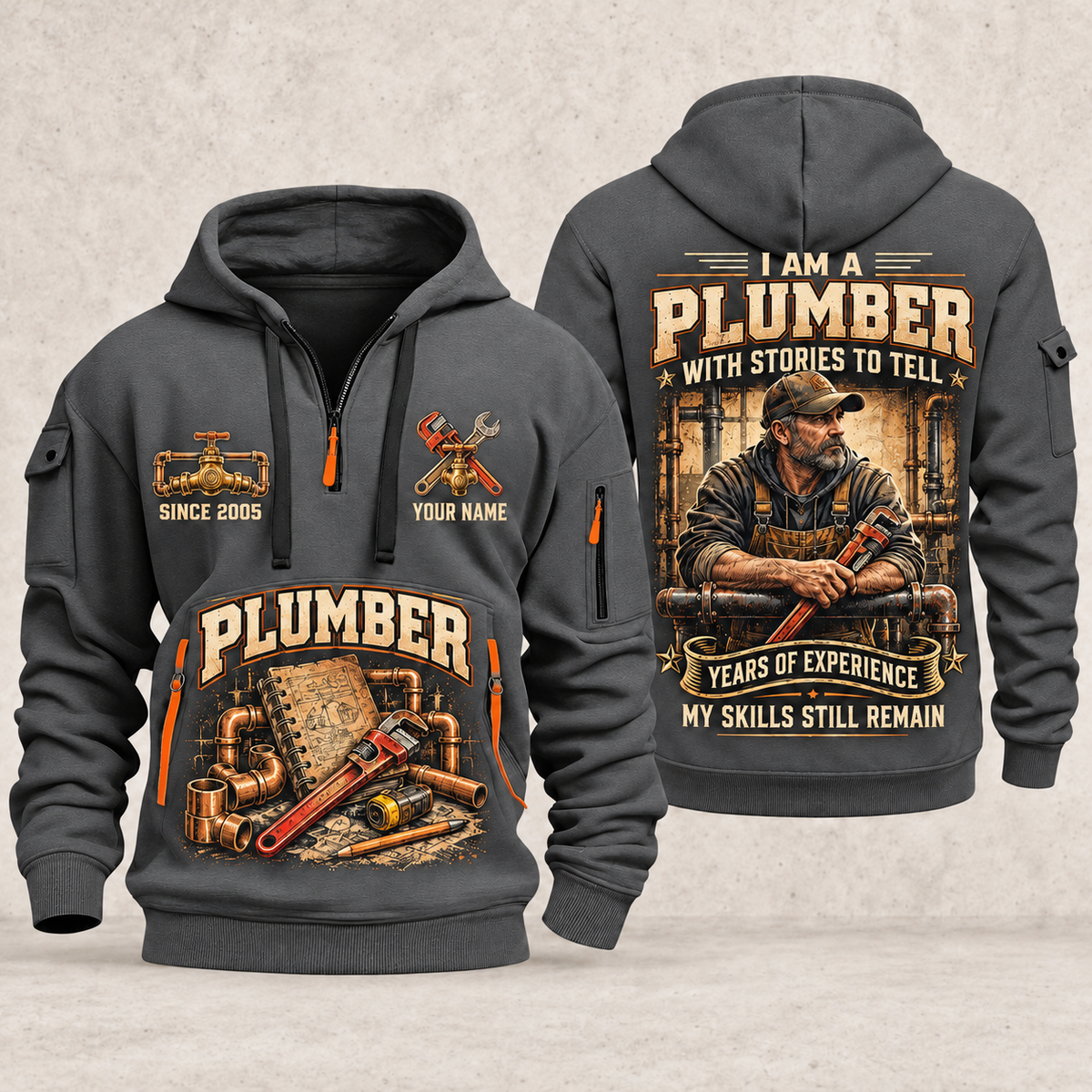 Plumber Experience Stays quarter-zip hoodie in Gray, front and back, YOUR NAME and SINCE 2005 artwork