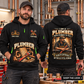 Plumber wearing Experience Stays quarter-zip hoodie in their workplace; product introduction and shopping call to action