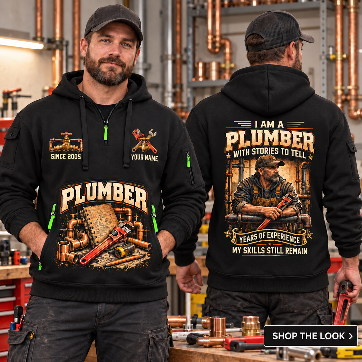 Plumber wearing Experience Stays quarter-zip hoodie in their workplace; product introduction and shopping call to action