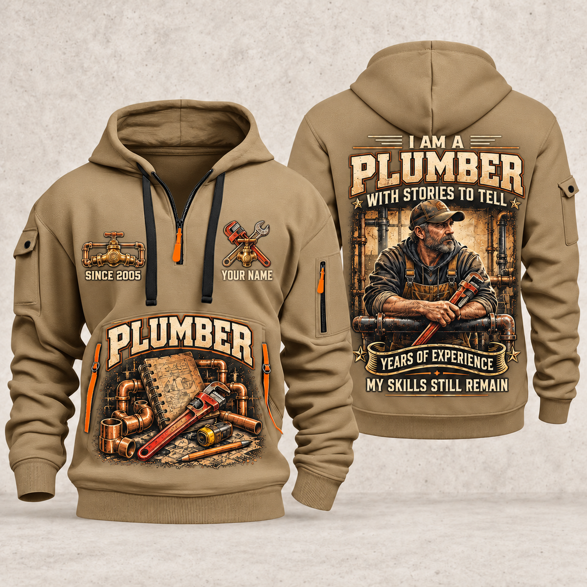 Plumber Experience Stays quarter-zip hoodie in Khaki, front and back, YOUR NAME and SINCE 2005 artwork
