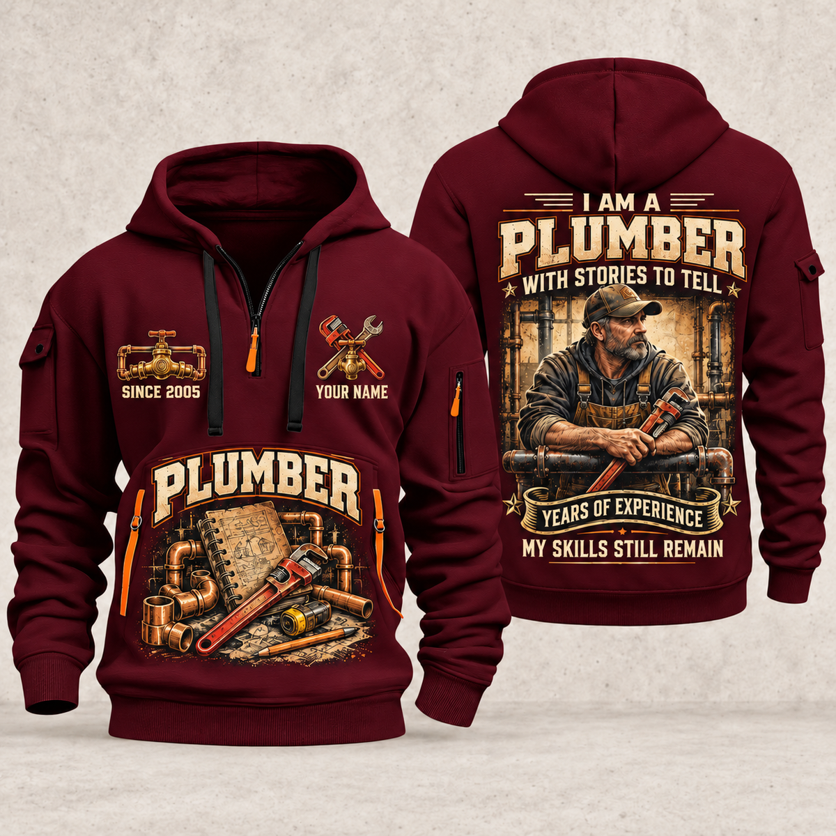Plumber Experience Stays quarter-zip hoodie in Wine Red, front and back, YOUR NAME and SINCE 2005 artwork