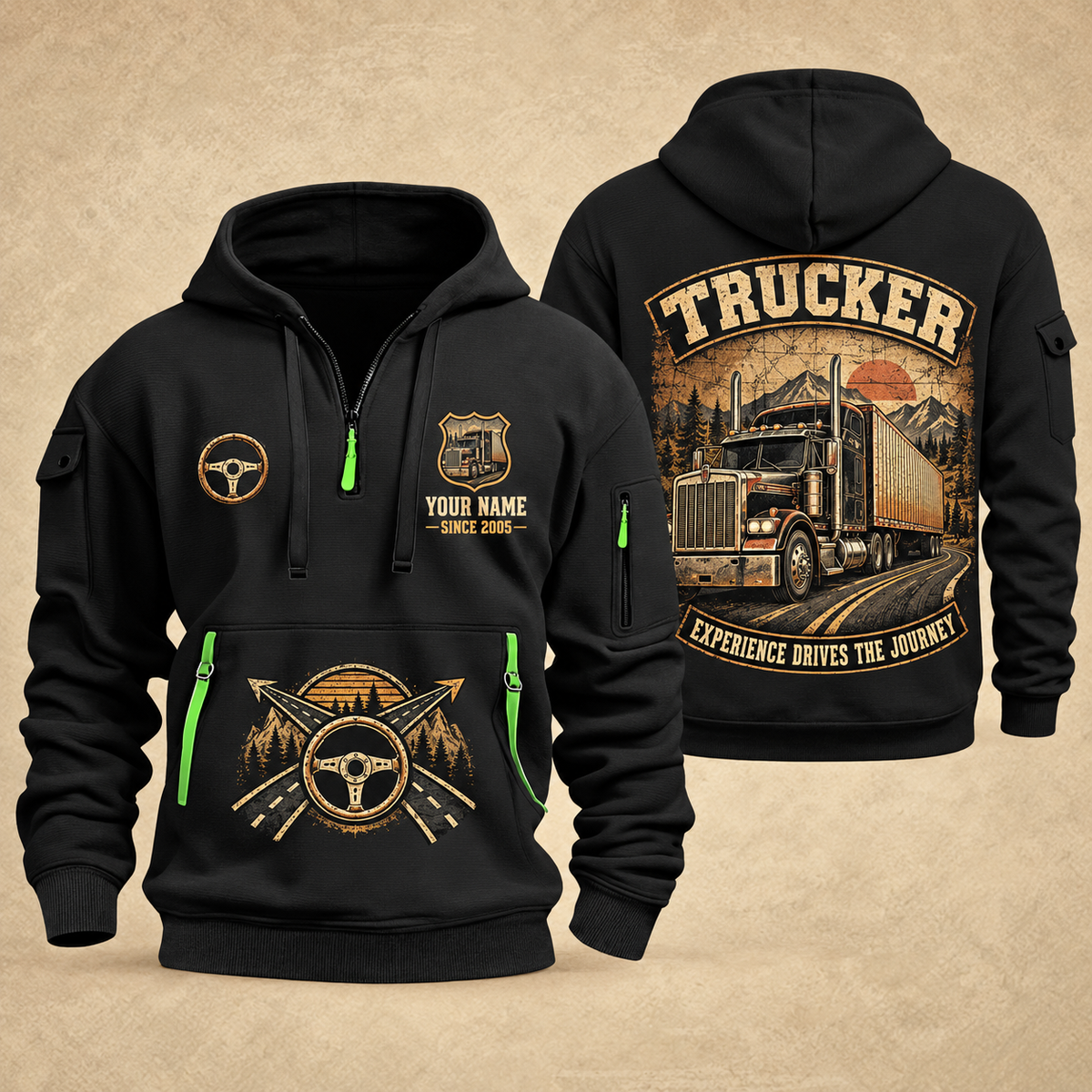 Trucker Highway Heritage quarter-zip hoodie in Black, front and back, YOUR NAME and SINCE 2005 artwork