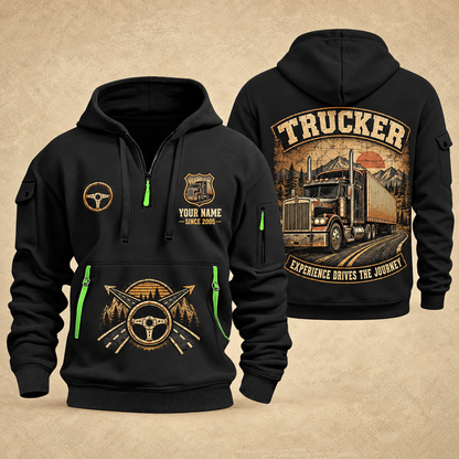 Trucker Highway Heritage quarter-zip hoodie in Black, front and back, YOUR NAME and SINCE 2005 artwork