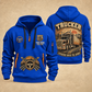 Trucker Highway Heritage quarter-zip hoodie in Blue, front and back, YOUR NAME and SINCE 2005 artwork