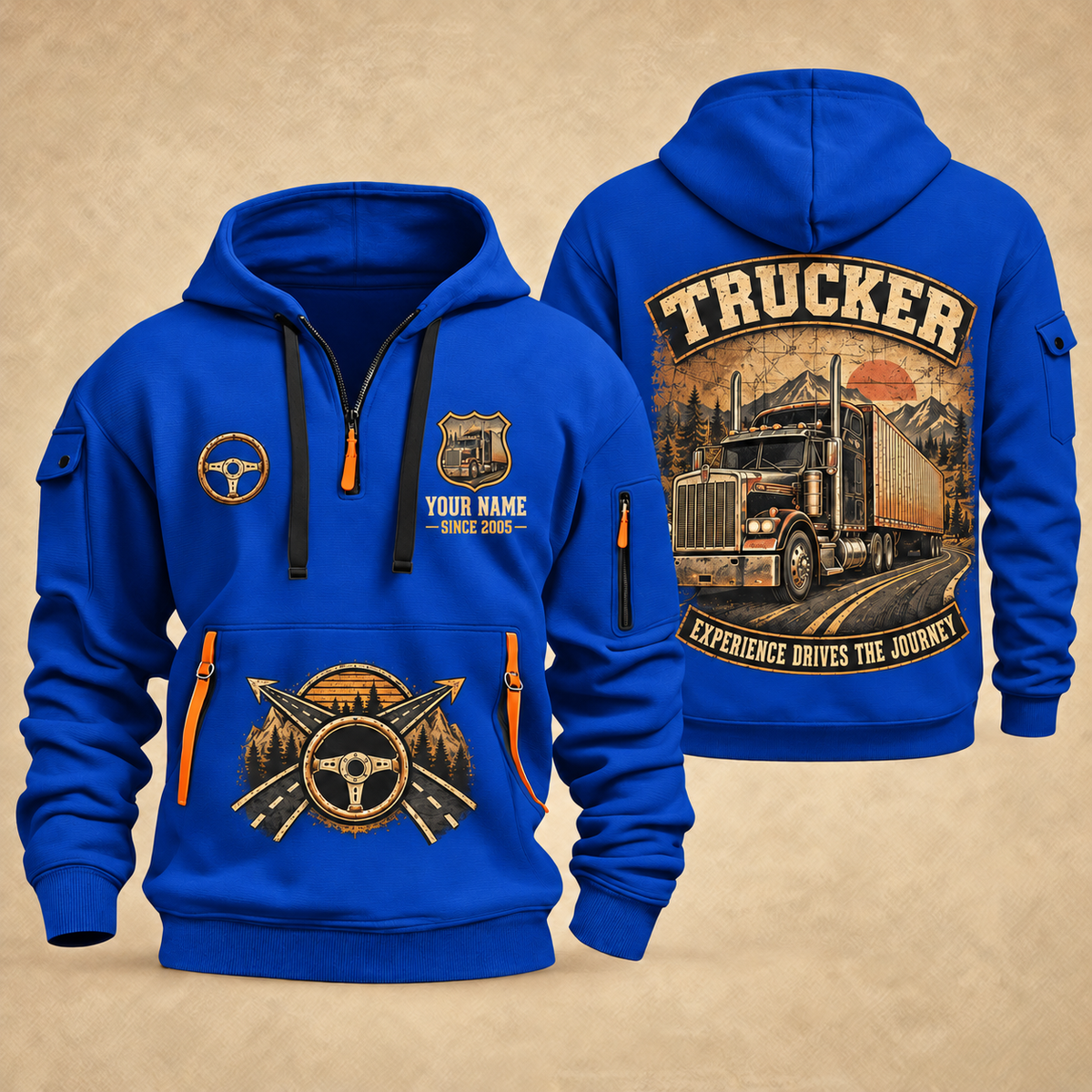 Trucker Highway Heritage quarter-zip hoodie in Blue, front and back, YOUR NAME and SINCE 2005 artwork