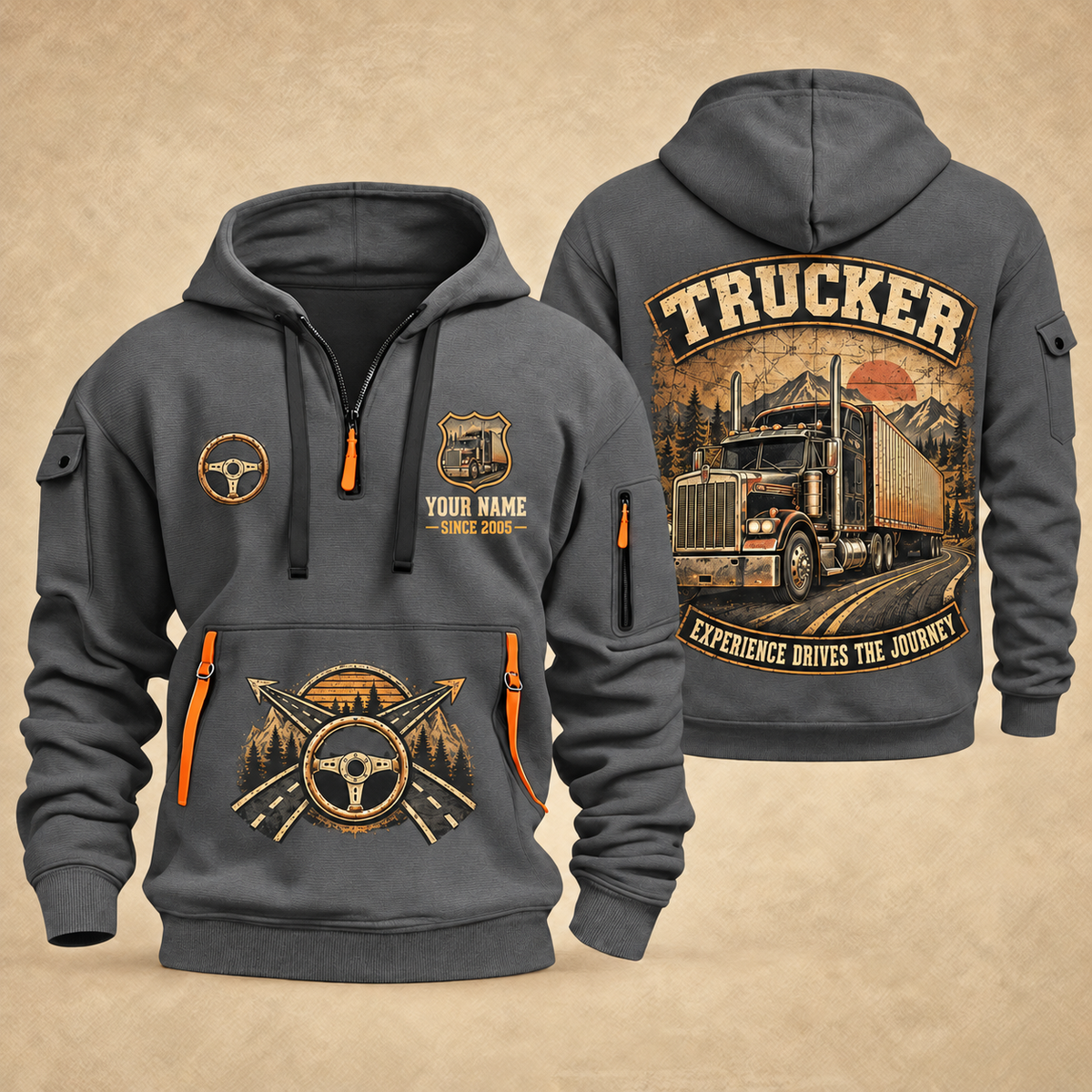 Trucker Highway Heritage quarter-zip hoodie in Gray, front and back, YOUR NAME and SINCE 2005 artwork