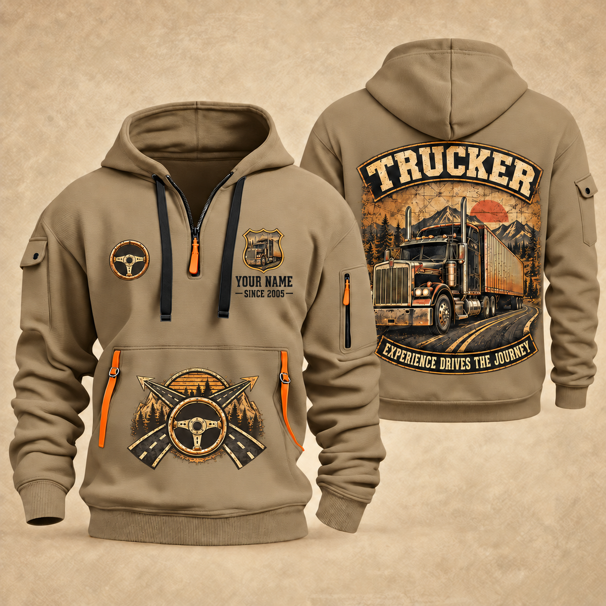 Trucker Highway Heritage quarter-zip hoodie in Khaki, front and back, YOUR NAME and SINCE 2005 artwork