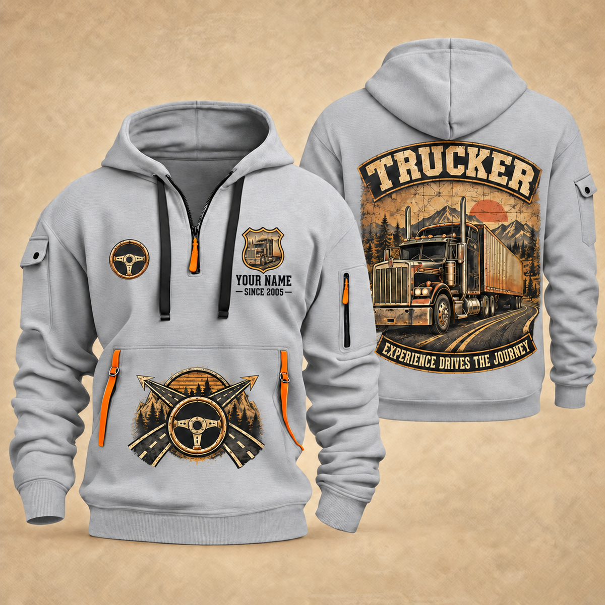Trucker Highway Heritage quarter-zip hoodie in Light Grey, front and back, YOUR NAME and SINCE 2005 artwork