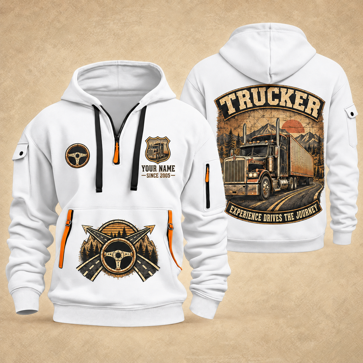Trucker Highway Heritage quarter-zip hoodie in White, front and back, YOUR NAME and SINCE 2005 artwork